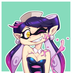Rule 34 | + +, 1girl, bare shoulders, blush, border, breasts, breasts squeezed together, callie (splatoon), cleavage, collarbone, detached collar, domino mask, earrings, female focus, green background, highres, jewelry, liquid, mask, medium breasts, nauth, nintendo, one eye closed, outline, pointy ears, purple hair, shiny skin, simple background, smile, solo, splatoon (series), splatoon 1, splatter, strapless, teeth, tentacle hair, tentacles, twintails, upper body, white border, white outline, yellow eyes