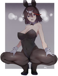 Rule 34 | 1girl, animal ears, bare shoulders, black bow, black bowtie, black footwear, black hair, black pantyhose, blue eyes, blush, border, bow, bowtie, breasts, cleavage, covered navel, detached collar, fake animal ears, full body, gloves, hands on own thighs, high heels, highres, kataku musou, kill la kill, leotard, looking at viewer, matoi ryuuko, medium breasts, multicolored hair, open mouth, pantyhose, playboy bunny, rabbit ears, red hair, short hair, solo, squatting, streaked hair, thighs, tiptoes, white border, white gloves, wrist cuffs