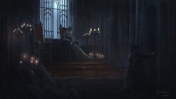 Rule 34 | 1girl, 1other, annalise queen of the vilebloods, arm on knee, artist name, bloodborne, brown coat, brown gloves, candle, candlelight, capelet, chair, coat, commentary, copyright name, dress, from behind, gloves, grey dress, hat, helm, helmet, highres, hunter (bloodborne), indoors, long sleeves, on one knee, shoes, sitting, standing, tricorne, tripdancer, window
