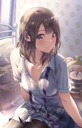 Rule 34 | 1girl, bag, bed, bed sheet, bedroom, blue eyes, blush, breasts, brown eyes, brown hair, buttons, cleavage, collarbone, collared shirt, highres, kappipe (brd0520), looking at viewer, necktie, on bed, original, pantyhose, partially unbuttoned, plaid, plaid skirt, pleated skirt, purple necktie, school bag, school uniform, shirt, skirt, smile, solo, striped necktie, striped neckwear, stuffed toy, unbuttoned, undone necktie, white shirt, window