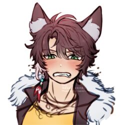 Rule 34 | 1boy, alternate eye color, animal ear fluff, animal ears, black jacket, blush, brown hair, clenched teeth, commentary request, fur collar, green eyes, hair between eyes, highres, jacket, long bangs, looking at viewer, mahjong soul, male focus, meg (user xszk7724), shirt, short hair, simple background, solo, teeth, upper body, white background, wolf boy, wolf ears, yellow shirt, zechs (mahjong soul)