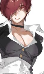 Rule 34 | 1girl, breasts, choker, genderswap, genderswap (mtf), hair over one eye, jacket, large breasts, looking at viewer, medium breasts, open mouth, pectoral cleavage, pectorals, red eyes, red hair, secondary 0000, shirt, short hair, smile, snk, solo, the king of fighters, yagami iori