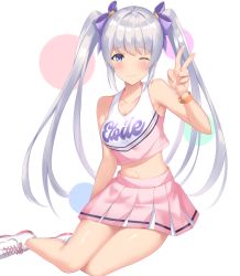 Rule 34 | 1girl, bare legs, bare shoulders, blue eyes, breasts, cheerleader, closed mouth, clothes writing, grey hair, highres, long hair, looking at viewer, medium breasts, miniskirt, navel, nekomori caburi, one eye closed, original, pink skirt, pleated skirt, shoes, sitting, skirt, sneakers, solo, thighs, twintails, v