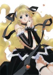 Rule 34 | 1girl, blonde hair, blue eyes, choker, clothes lift, detached sleeves, elbow gloves, gloves, hair ribbon, heart, highres, jewelry, lace, bridal garter, long hair, own hands together, p-mate, panties, ribbon, rin-sin, ring, skirt, skirt lift, smile, solo, topless, underwear, upskirt, very long hair, wavy hair, white panties