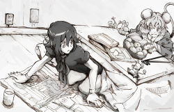 Rule 34 | 2girls, animal ears, black hair, bowl, cup, dowsing rod, electrical outlet, female focus, food, fruit, houjuu nue, monochrome, mouse (animal), mouse ears, mouse tail, mtmy, multiple girls, nazrin, newspaper, orange (fruit), ribbon, short hair, tail, touhou