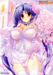 Rule 34 | 1girl, absurdres, antenna hair, bare shoulders, blue hair, blush, bouquet, bow, bow panties, breasts, bridal veil, brown eyes, cameltoe, church, cleavage, clothes lift, covered erect nipples, dress, dress lift, flower, garter belt, hair flower, hair ornament, highres, kamikaze explorer!, large breasts, long hair, okihara kotoha, oshiki hitoshi, panties, pantyshot, petals, pink panties, scan, skirt, smile, solo, thighhighs, twintails, underwear, upskirt, veil, wedding dress, white dress, white skirt, white thighhighs