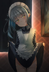 Rule 34 | 1girl, alternate costume, apron, black dress, black ribbon, blush, brown eyes, closed mouth, clothes lift, collared dress, comah, commentary request, curtains, dress, dress lift, enmaided, glaring, grey hair, hair ribbon, half-closed eyes, head tilt, highres, indoors, kantai collection, kasumi (kancolle), lifted by self, long hair, long sleeves, maid, maid apron, maid headdress, painting (object), picture frame, ribbon, side ponytail, sidelocks, solo, standing, thighhighs, white apron, white thighhighs