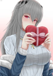 Rule 34 | 1girl, alternate costume, archstreal, azur lane, blush, breasts, commentary, cross, english commentary, grey hair, hair between eyes, highres, jacket, large breasts, long hair, looking at viewer, mole, mole under eye, red eyes, ribbed sweater, saint-louis (azur lane), solo, sweater, valentine