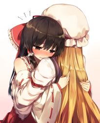 Rule 34 | 2girls, bad id, bad pixiv id, bare shoulders, black hair, blonde hair, blush, bow, brown eyes, commentary request, detached sleeves, frilled shirt collar, frills, from behind, gradient background, hair between eyes, hair bow, hair tubes, hakurei reimu, hat, hug, juliet sleeves, long hair, long sleeves, mob cap, multiple girls, nose blush, open mouth, pink background, puffy sleeves, red bow, red skirt, ribbon-trimmed sleeves, ribbon trim, shnva, skirt, smile, tabard, touhou, upper body, very long hair, white background, white hat, wide sleeves, yakumo yukari, yuri