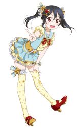 Rule 34 | 10s, 1girl, :d, akimoto (akmt t), belt, full body, hair between eyes, hand on own knee, high heels, idol, love live!, love live! school idol festival, love live! school idol project, open mouth, red eyes, red footwear, shoes, short sleeves, simple background, smile, solo, star (symbol), star print, thighhighs, twintails, v, white background, yazawa nico, zettai ryouiki