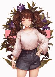 Rule 34 | arm at side, bare legs, brown hair, closed mouth, cowboy shot, denim, denim shorts, drill hair, floral background, flower, hand in pocket, highres, lm7 (op-center), long hair, long sleeves, looking at viewer, original, pink background, purple flower, red eyes, shirt, shorts, simple background, smile, solo, standing, white background, white shirt