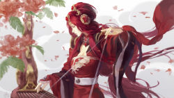 Rule 34 | 1girl, breasts, character request, cleavage, dress, folie (cac82622), from side, gradient background, guzheng, hair ornament, instrument, music, petals, pili budaixi, playing instrument, red dress, red hair, robe, solo, tree