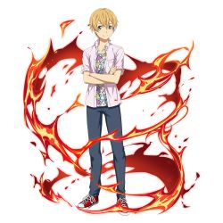 Rule 34 | 1boy, blonde hair, blue eyes, blue pants, casual, closed mouth, collarbone, collared shirt, converse, crossed arms, dress shirt, eugeo, fire, hair between eyes, highres, looking at viewer, male focus, non-web source, official art, open clothes, open shirt, pants, pink shirt, print shirt, red footwear, shirt, shoes, short sleeves, smile, sneakers, solo, standing, sword art online, transparent background, wing collar