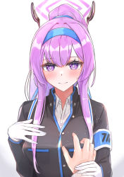 Rule 34 | 1girl, absurdres, black jacket, blue archive, blue hairband, blue ribbon, blush, breasts, closed mouth, commentary, gloves, hair ornament, hair scrunchie, hairband, halo, hand grab, hand on own chest, highres, jacket, long hair, long sleeves, looking at viewer, mechanical halo, medium breasts, muteppona hito, ponytail, purple eyes, purple hair, ribbon, scrunchie, shirt, sidelocks, smile, solo, sweatdrop, upper body, utaha (blue archive), utaha (cheer squad) (blue archive), white background, white gloves, white shirt