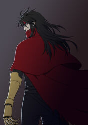Rule 34 | 1boy, black hair, black jacket, black pants, cape, clawed gauntlets, cloak, commentary request, covered mouth, cowboy shot, final fantasy, final fantasy vii, from behind, gauntlets, gradient background, headband, jacket, long hair, looking at another, looking back, male focus, pants, profile, red cape, red cloak, red eyes, red headband, sd supa, sidelocks, single gauntlet, solo, standing, vincent valentine