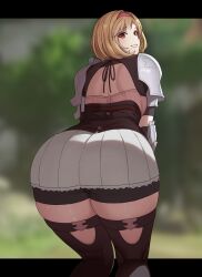Rule 34 | 1girl, armor, ass, ass focus, bike shorts, black shorts, blonde hair, blush, breasts, djeeta (granblue fantasy), from behind, granblue fantasy, green eyes, grin, hair intakes, hairband, highres, huge ass, leaning, leaning forward, looking at viewer, looking back, medium breasts, miniskirt, naughty face, rebelwear (granblue fantasy), short hair, short shorts, shorts, shorts under skirt, sideboob, sinnitoksi, skirt, smile, solo, thick thighs, thighhighs, thighs