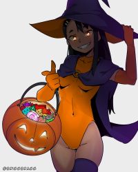 Rule 34 | 1girl, adjusting clothes, adjusting headwear, artist name, black hair, black thighhighs, breasts, briggbragg, bucket, candy, cape, commentary, contrapposto, costume, covered navel, cowboy shot, dark-skinned female, dark skin, earclip, elbow gloves, english commentary, finger gun, food, gloves, glowing, glowing eyes, grin, groin, hair ornament, hairclip, halloween, halloween costume, hat, highleg, highleg leotard, highres, holding, holding bucket, ijiranaide nagatoro-san, jack-o&#039;-lantern, leotard, long hair, looking at viewer, nagatoro hayase, orange eyes, orange hat, orange leotard, purple cape, purple hat, raised eyebrows, shaded face, short eyebrows, simple background, skindentation, sleeveless, small breasts, smile, solo, standing, thick eyebrows, thigh gap, thighhighs, trick or treat, turtleneck, twitter username, two-sided fabric, walking, white background, witch hat