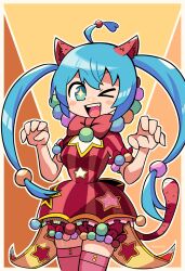 Rule 34 | + +, 1girl, absurdres, ahoge, animal ears, aqua eyes, aqua hair, blue eyes, blue hair, blush, cat ears, claw pose, dress, fang, hair between eyes, hair ornament, hatsune miku, highres, long hair, looking at viewer, one eye closed, open mouth, pom pom (clothes), project sekai, red dress, simple background, smile, solo, striped clothes, striped dress, thighhighs, twintails, twitter username, very long hair, vocaloid, wonderlands x showtime (project sekai), wonderlands x showtime miku, zachu (nyzt), zettai ryouiki