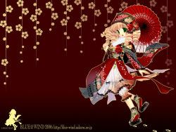 Rule 34 | 00s, 1girl, 2006, asa no ha (pattern), blonde hair, drill hair, embellished costume, fang, green eyes, highres, japanese clothes, kimono, lace, new year, oil-paper umbrella, original, solo, umbrella, wallpaper