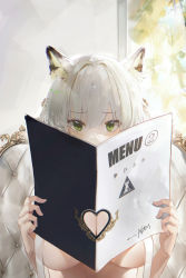 Rule 34 | 1girl, absurdres, animal ear fluff, animal ears, arknights, breasts, chair, chinese commentary, cleavage, commentary request, copyright name, green eyes, heart, highres, holding, holding menu, indoors, kal&#039;tsit (arknights), large breasts, menu, omone hokoma agm, open clothes, open shirt, revision, shirt, signature, solo, upper body, white hair, white shirt