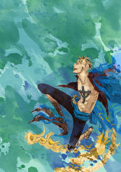 Rule 34 | 1boy, blonde hair, blue fire, fiery wings, fire, flying, male focus, marco (one piece), one piece, open clothes, open shirt, pirate, shirt, solo, tattoo, transformation, wings