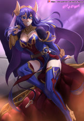 Rule 34 | 1girl, absurdres, alternate costume, backlighting, blue eyes, blue hair, blue thighhighs, boots, breasts, cleavage, couch, demon wings, detached sleeves, fake horns, falchion (fire emblem), fire emblem, fire emblem awakening, grin, high heels, highres, horned headwear, horns, indoors, long hair, long sleeves, lucina (fire emblem), medium breasts, nintendo, on couch, patreon username, playing with own hair, short shorts, shorts, signature, smile, solo, strapless, symbol-shaped pupils, thigh boots, thighhighs, thighs, veil, vilde loh hocen, wings