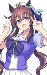 Rule 34 | 1girl, blue eyes, blush, breasts, brown hair, commentary request, double v, ear covers, hair between eyes, harakomeshi, highres, horse girl, long hair, medium breasts, mole, mole under eye, multicolored hair, open mouth, pleated skirt, puffy short sleeves, puffy sleeves, purple shirt, school uniform, shirt, short sleeves, simple background, single ear cover, skirt, smile, solo, streaked hair, summer uniform, tracen school uniform, twintails, umamusume, upper body, v, vivlos (umamusume), white background, white hair, white skirt
