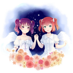 Rule 34 | 10s, 2girls, :o, alternate costume, angel wings, arm up, bare shoulders, beamed sixteenth notes, blue background, blush, collarbone, daisy, dress, eighth note, feathered wings, flower, gradient background, green eyes, hair ornament, hair scrunchie, hairclip, highres, holding hands, interlocked fingers, kazuno leah, kurosawa ruby, light particles, lily (flower), looking at viewer, love live!, love live! school idol festival, love live! sunshine!!, medium hair, multiple girls, musical note, off shoulder, open mouth, orange flower, orange rose, parted lips, pink eyes, puffy short sleeves, puffy sleeves, purple hair, red flower, red hair, red rose, rose, scrunchie, shikakiax, short sleeves, single wing, smile, snowflakes, standing, star (symbol), star hair ornament, treble clef, twintails, two side up, upper body, white dress, wings