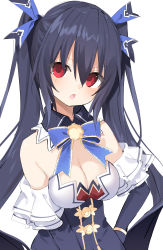 Rule 34 | 1girl, absurdres, annoyed, bare shoulders, black hair, breasts, buran buta, cleavage, detached sleeves, frills, hair between eyes, hair ornament, hair ribbon, highres, long hair, looking at viewer, nepnep connect: chaos chanpuru, neptune (series), noire (neptunia), open mouth, red eyes, ribbon, simple background, solo, tsundere, twintails, upper body, vvvtune, white background