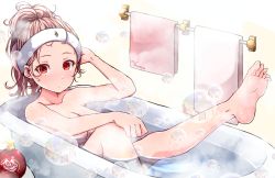 Rule 34 | 1girl, absurdres, baileys (tranquillity650), bath, bathing, bathroom, bathtub, blonde hair, breasts, completely nude, convenient arm, convenient leg, gradient hair, highres, kantai collection, long hair, medium breasts, multicolored hair, nude, partially submerged, red eyes, red hair, sitting, solo, towel, yuudachi (kancolle), yuudachi kai ni (kancolle)