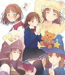 Rule 34 | 1girl, arms up, black skirt, black thighhighs, blazer, blue headwear, blunt bangs, blush, book, bow, bowtie, brown eyes, brown hair, cape, child&#039;s drawing, closed mouth, collared shirt, finger to mouth, fringe trim, gym uniform, hairband, half-closed eyes, happy, hat, index finger raised, jacket, jewelry, light smile, long sleeves, looking at viewer, lying, medium hair, miki (minkqs), miniskirt, mob cap, multiple views, necklace, on back, open book, pajamas, parted lips, pleated skirt, red cape, red jacket, school uniform, see-through, shirt, shorts, shushing, skirt, smile, standing, star (symbol), stuffed animal, stuffed toy, surprised, teddy bear, thighhighs, tokimeki memorial, tokimeki memorial girl&#039;s side, tokimeki memorial girl&#039;s side 3rd story, ugajin miyo, veil, white shirt, witch hat, yellow bow