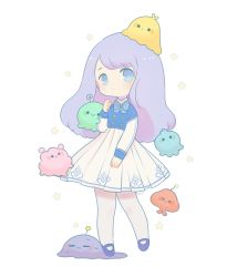 Rule 34 | 1girl, ayu (mog), blue bow, blue bowtie, blue eyes, blue shirt, blush, bow, bowtie, buttons, closed mouth, double-breasted, full body, high-waist skirt, long sleeves, looking at viewer, original, purple footwear, purple hair, shirt, skirt, solo, standing, star (symbol), starry background, white background, white skirt