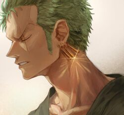 Rule 34 | 1boy, closed eyes, commentary request, earrings, green hair, green theme, highres, japanese clothes, jewelry, looking to the side, male focus, oekakiboya, one piece, roronoa zoro, scar, scar across eye, short hair, simple background, solo, spiked hair