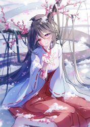 Rule 34 | 1girl, absurdly long hair, absurdres, barefoot, beckoning, black hair, blurry, blurry foreground, branch, cherry blossoms, closed mouth, crying, crying object, flower, hair between eyes, hair on horn, hakama, hakama skirt, head tilt, heterochromia, highres, holding, horns, japanese clothes, kimono, kuonnekosuki, long hair, long sleeves, looking at viewer, miko, open hand, original, outdoors, outstretched arm, outstretched hand, petals, pleated skirt, purple eyes, reaching, reaching towards viewer, red eyes, red hakama, red skirt, sidelocks, sitting, skirt, snow, solo, tree, tree horns, very long hair, white kimono, wide sleeves
