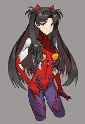 Rule 34 | 1girl, bad id, bad pixiv id, black hair, blue eyes, bodysuit, closed mouth, cosplay, cowboy shot, cropped legs, evangelion: 3.0 you can (not) redo, fate/stay night, fate (series), gloves, grey background, hand on own hip, highres, long hair, looking at viewer, neon genesis evangelion, none (kameko227), parted bangs, plugsuit, rebuild of evangelion, red gloves, simple background, smile, solo, souryuu asuka langley, souryuu asuka langley (cosplay), tohsaka rin, twintails, two side up, very long hair