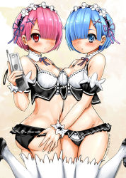 Rule 34 | 10s, 2girls, armlet, ass, ass grab, bad id, bad pixiv id, black footwear, black hairband, black panties, black shirt, blue eyes, blue hair, blue neckwear, blush, bow, bow panties, breast press, breasts, butt crack, camisole, cellphone, cleavage, closed mouth, collar, commentary request, cowboy shot, crop top, dated, detached collar, female focus, frilled panties, frills, hair ornament, hair over one eye, hairband, holding, holding phone, leg up, legs, looking at viewer, maid, matching hair/eyes, multiple girls, navel, neck ribbon, nobusaga41, panties, phone, pink hair, ram (re:zero), re:zero kara hajimeru isekai seikatsu, red eyes, rem (re:zero), ribbon, shirt, shoes, short hair, siblings, sisters, small breasts, standing, standing on one leg, symmetrical docking, thighhighs, twins, underwear, underwear only, white collar, white legwear, wristband, x hair ornament