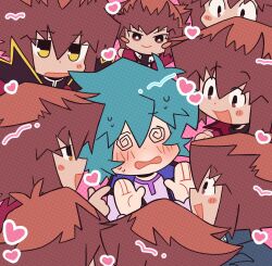 Rule 34 | 2boys, @ @, black jacket, blackypng, blue hair, blue vest, blush, brown eyes, brown hair, character doll, chibi, clone, clone harem, dark persona, duel academy uniform (yu-gi-oh! gx), embarrassed, half-closed eyes, hands up, happy, heart, highres, jacket, jitome, johan andersen, looking at another, male focus, meme, multiple boys, official alternate costume, open mouth, pink background, pointing, pointing at another, purple shirt, red jacket, school uniform, shirt, short hair, smile, sonic surrounded by amy plush dolls (meme), supreme king (yu-gi-oh! gx), sweat, vest, yaoi, yellow eyes, yu-gi-oh!, yu-gi-oh! gx, yuki judai