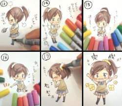 Rule 34 | 1girl, ^ ^, blush, brown eyes, brown hair, chibi, comic, crossed arms, closed eyes, fourth wall, happy, katekyo hitman reborn!, kneeling, long hair, looking at viewer, miura haru, mixed media, noko (noko1886), open mouth, pen, pleated skirt, ponytail, pout, school uniform, scrunchie, skirt, smile, solo focus, sweater vest, traditional media, translation request