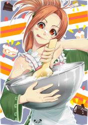 Rule 34 | 1girl, :p, ahoge, alternate eye color, alternate hairstyle, apron, bowl, cake, cooking, female focus, folded ponytail, food, hong meiling, mossari poteto, panda, red hair, short hair, solo, spatula, tongue, tongue out, touhou