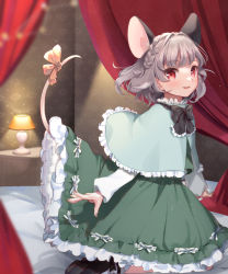 Rule 34 | 1girl, :d, alternate hairstyle, animal ears, ari don, blurry, blush, bow, braid, capelet, curtains, depth of field, dress, embellished costume, french braid, frills, grey hair, hair intakes, highres, indoors, jewelry, lamp, long sleeves, looking at viewer, mouse ears, mouse tail, nazrin, open mouth, parted lips, petticoat, pillow, red eyes, ribbon, short hair, smile, solo, tail, tail bow, tail ornament, tail ribbon, touhou