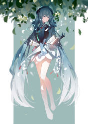 Rule 34 | 1girl, absurdres, bloom, blue dress, blue eyes, blue gloves, blue hair, blue headwear, chinese commentary, commentary, dress, earrings, falling leaves, falling petals, floral print, flower, full body, gloves, half gloves, hatsune miku, highres, jewelry, key asan, leaf, long hair, looking at viewer, miku with you (vocaloid), petals, smile, solo, standing, tassel, twintails, very long hair, vocaloid, white flower, white footwear