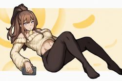 Rule 34 | 1girl, atelier live, brown hair, cellphone, drinking straw, drinking straw in mouth, hexunart, holding, holding phone, leggings, long hair, looking at viewer, nanatsuki nana, navel, off-shoulder sweater, off shoulder, pantyhose, phone, ponytail, sidelocks, sitting, smartphone, solo, sweater, virtual youtuber