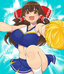 Rule 34 | 1girl, blue background, blue shirt, blue skirt, blush, bow, breasts, brown eyes, brown hair, cheerleader, commentary request, cookie (touhou), crop top, feet out of frame, frilled bow, frilled hair tubes, frills, hair between eyes, hair bow, hair tubes, hakurei reimu, holding, holding pom poms, kanna (cookie), large breasts, long hair, looking at viewer, mo-fu, navel, open mouth, pom pom (cheerleading), pom poms, red bow, shirt, sidelocks, skirt, sleeveless, sleeveless shirt, smile, socks, solo, star (symbol), touhou, white socks