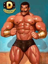 1boy abs armlet bara black_hair bulge clenched_hands darun_mister facial_hair forehead_jewel gold_armlet iblokes jewelry long_mustache muscular muscular_male mustache no_pupils non-web_source pectorals shadow street_fighter street_fighter_ex_(series) thick_eyebrows very_long_mustache wrestling_outfit