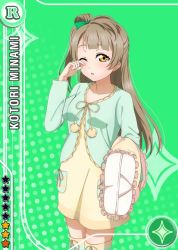 Rule 34 | 10s, 1girl, ;o, arm up, blunt bangs, blush, bow, card (medium), carrying, carrying under arm, character name, collarbone, diamond (shape), frills, green background, green bow, hair bow, light brown hair, long hair, long sleeves, looking at viewer, love live!, love live! school idol festival, love live! school idol project, minami kotori, nightgown, official art, one eye closed, open mouth, pajamas, pillow, pom pom (clothes), side ponytail, sleepy, solo, standing, star (symbol), tears, thighhighs, wiping tears, yellow eyes, yellow thighhighs