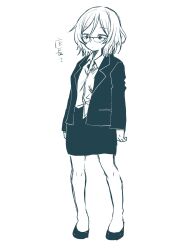 Rule 34 | 1girl, full body, glasses, highres, jacket, monochrome, office lady, open clothes, open jacket, original, pencil skirt, rottedchun, shirt, short hair, simple background, skirt, solo, standing