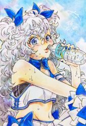 Rule 34 | 1girl, black sports bra, blue bow, blue bowtie, blue eyes, blue ribbon, blue skirt, blush, bottle, bow, bowtie, breasts, cheerleader, crop top, drinking, goddess of victory: nikke, hair ribbon, highres, holding, lips, long hair, looking at viewer, michikusa choco, official alternate costume, poli (cheer up police) (nikke), poli (nikke), pom pom (cheerleading), ribbon, short twintails, sidelocks, skirt, small breasts, solo, sports bra, sweat, traditional media, twintails, two-tone skirt, very long hair, water bottle, wavy hair, white hair, white skirt
