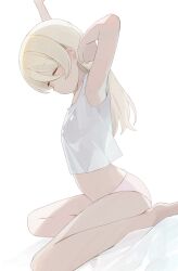 1girl arm_up bed_sheet blonde_hair closed_eyes closed_mouth hair_between_eyes highres hiroki_(yyqw7151) loli long_hair midriff original panties pink_panties simple_background solo stretching tank_top underwear white_background white_tank_top