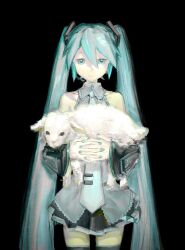Rule 34 | 1girl, animal, bare shoulders, black background, black sleeves, black thighhighs, blue eyes, blue hair, blue nails, closed mouth, collared shirt, commentary, cowboy shot, detached sleeves, grey shirt, hair between eyes, hair ornament, half-closed eyes, hatsune miku, highres, holding, holding animal, interlocked fingers, lamb, long hair, miniskirt, ogi (sendi03 ), own hands together, pleated skirt, sheep, shirt, simple background, skirt, sleeveless, sleeveless shirt, smile, solo, straight-on, symbol-only commentary, thighhighs, twintails, very long hair, vocaloid, zettai ryouiki