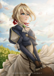 Rule 34 | 10s, 1girl, blonde hair, blue eyes, blue jacket, braid, braided bun, briefcase, brooch, chizza, cloud, dress, envelope, gloves, hair between eyes, hair bun, hair intakes, hair ribbon, highres, holding, holding briefcase, jacket, jewelry, leaf, letter, long sleeves, love letter, outdoors, red ribbon, ribbon, sky, solo, suitcase, violet evergarden, violet evergarden (series), wind